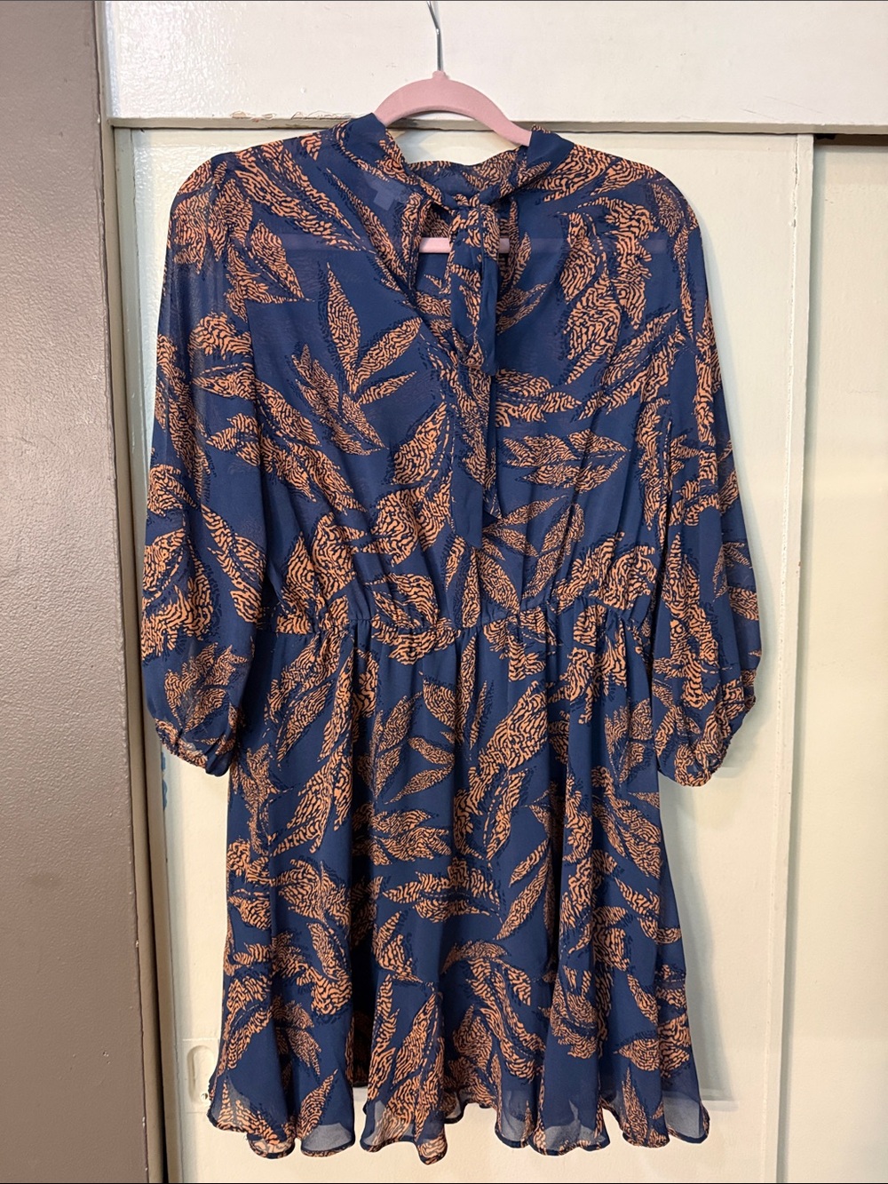 THML Navy and Rust Leaf-Print Mini Dress with Tie Neck
